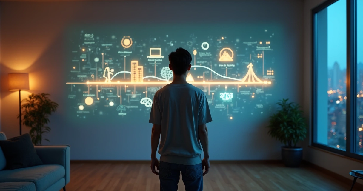 Persona mirando mapa luminoso de su vida proyectado en una pared 