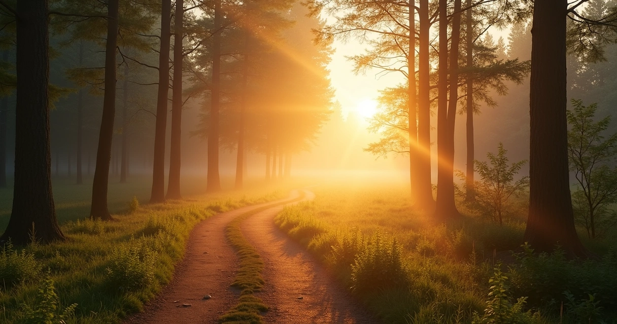 Camino entre árboles y niebla al amanecer 