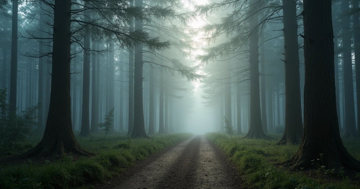 Camino de tierra cubierto de niebla entre árboles altos 
