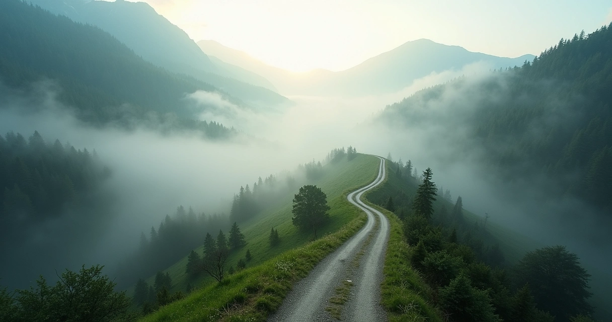 Camino entre montañas con niebla invitando a la reflexión 