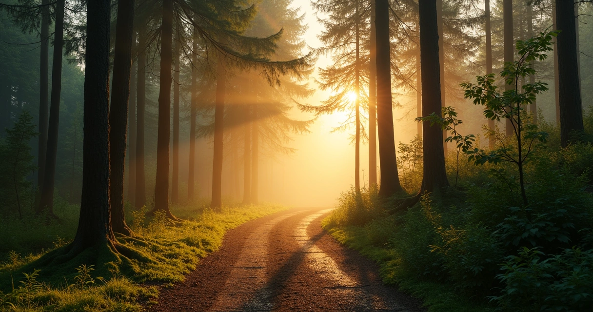 Sendero de bosque iluminado al amanecer entre árboles altos 