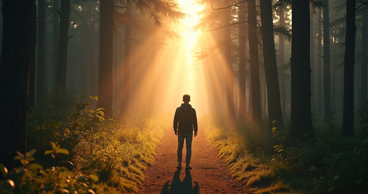 Persona mirando con esperanza hacia un camino iluminado, simbolizando un nuevo rumbo familiar. 