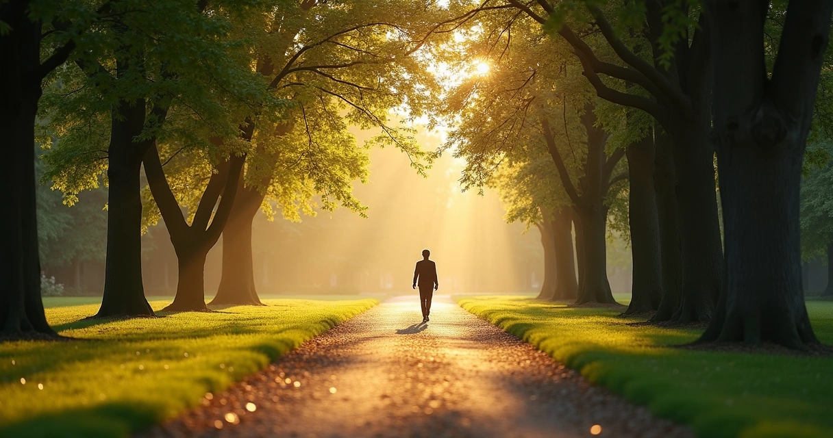 Camino de parque con persona caminando al amanecer
