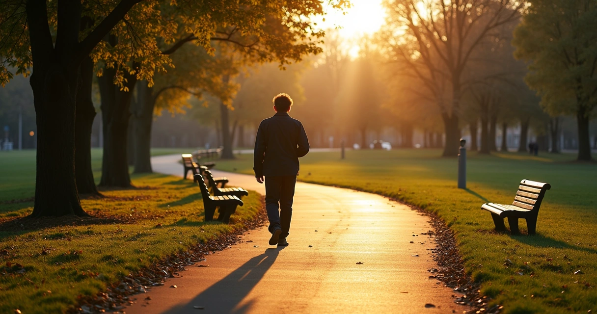Persona caminando sola por un parque al amanecer 