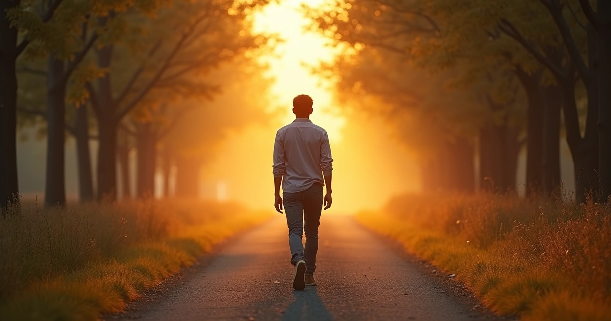 Persona caminando por sendero con luz suave al amanecer 