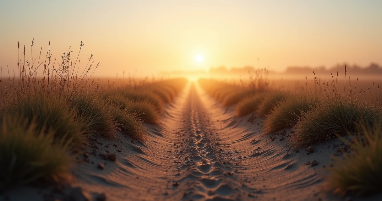 Huella de pasos sobre un camino de tierra al amanecer