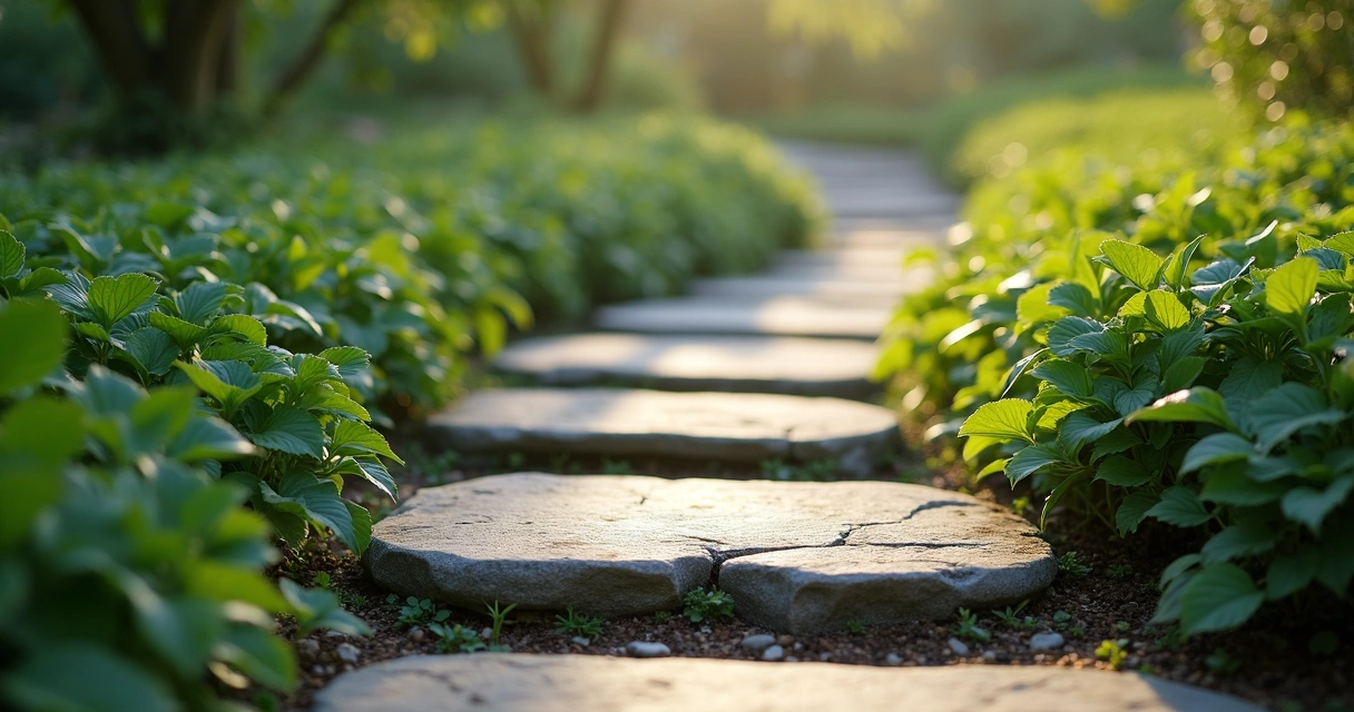 Sendero de piedra con pasos marcados en un jardín tranquilo 
