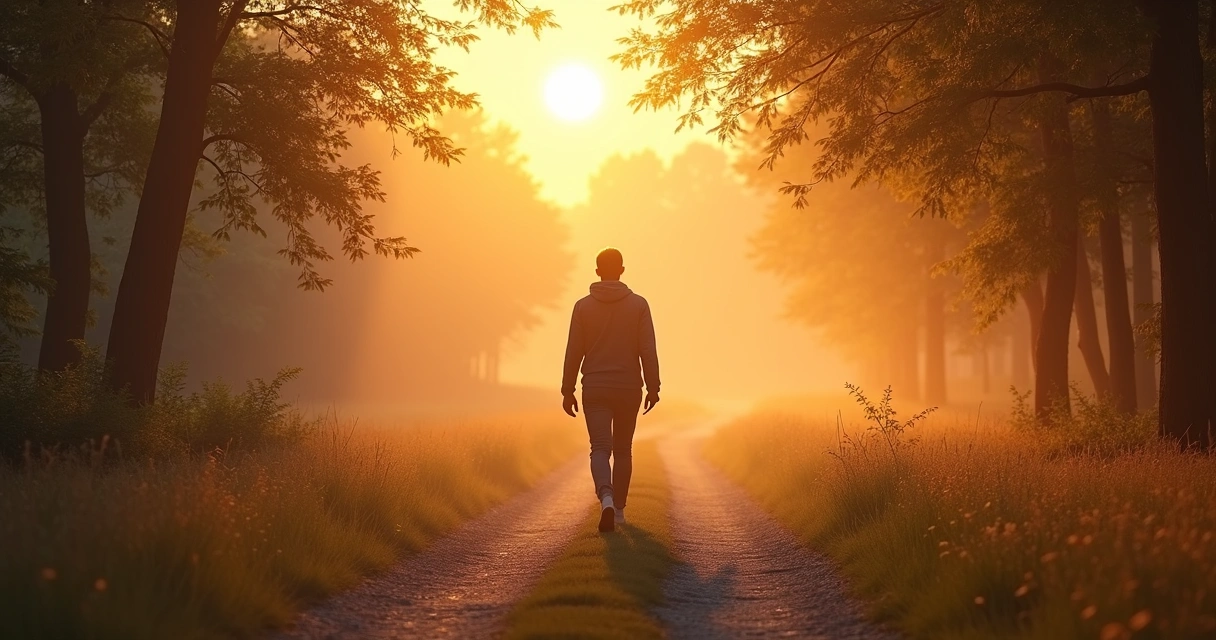 Persona caminando por un sendero al amanecer en actitud reflexiva