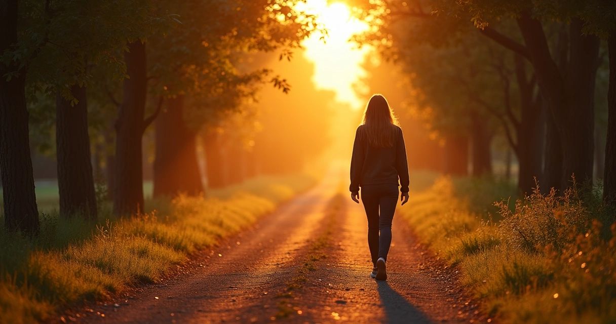 Persona caminando sola por un sendero al atardecer entre árboles