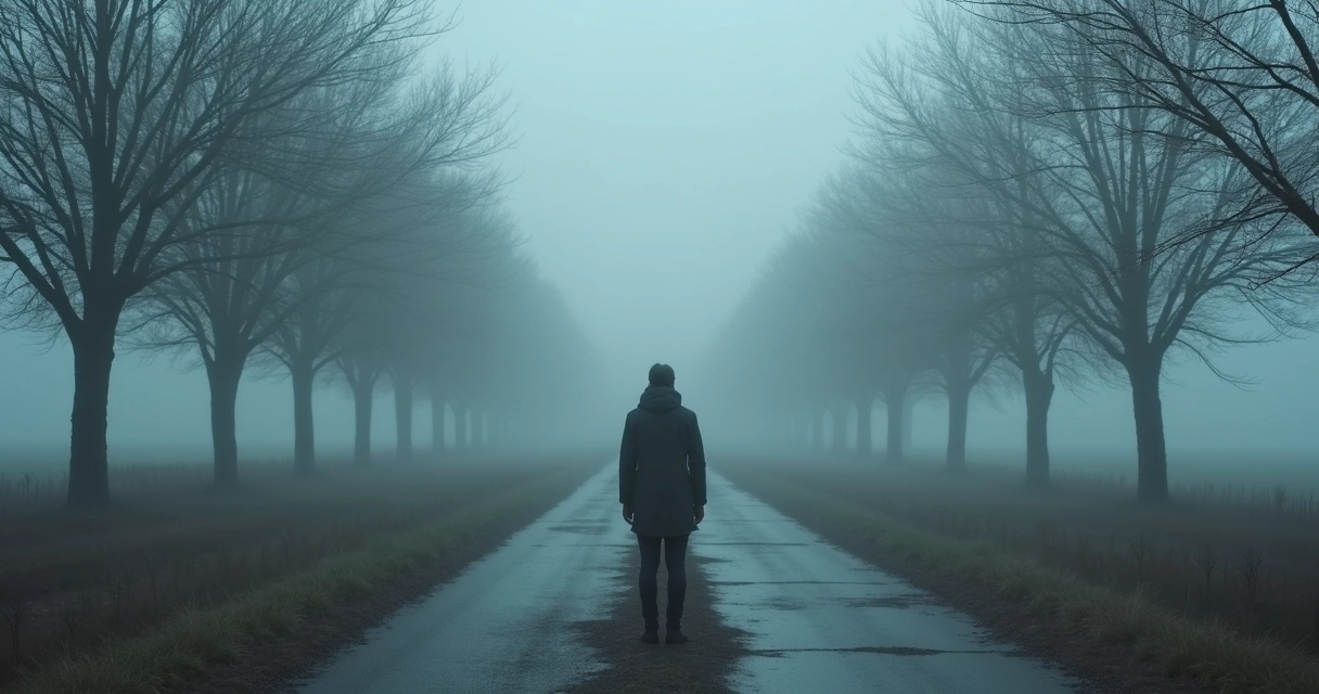 Persona ante un camino con bifurcación y niebla 