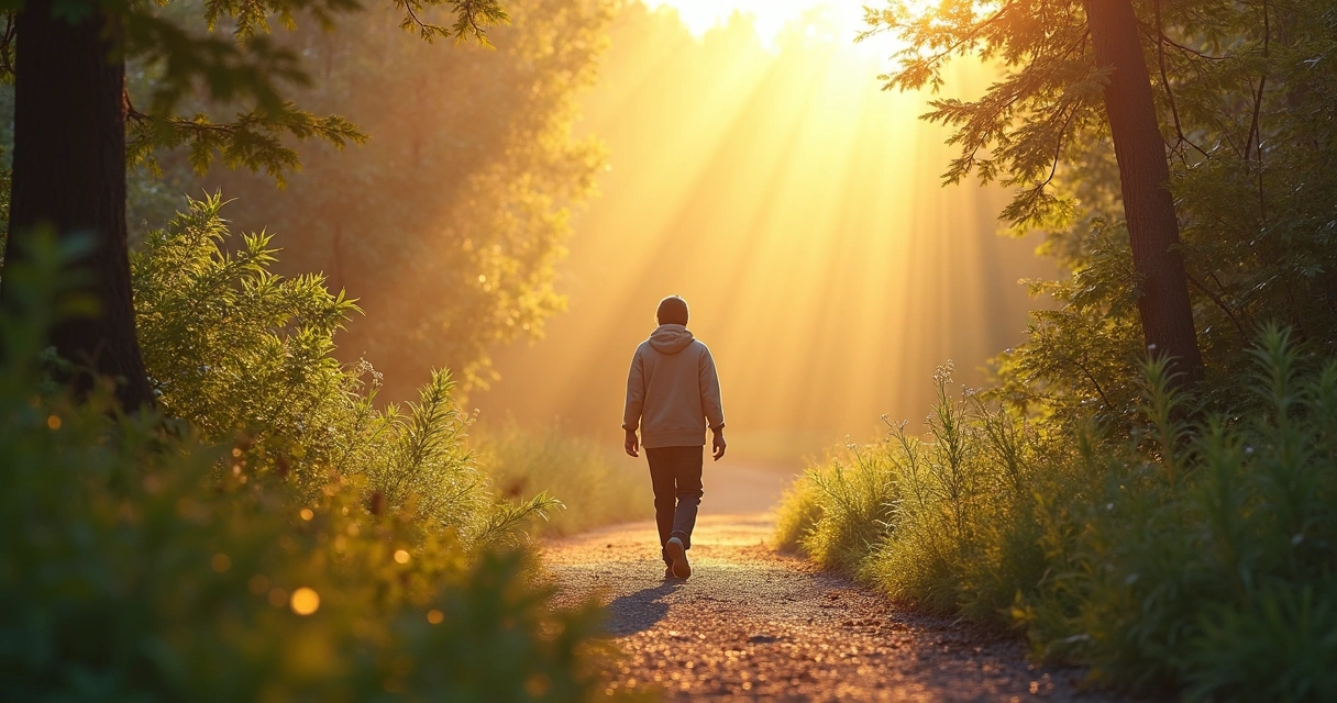 Figura de una persona avanzando por un sendero hacia la luz 