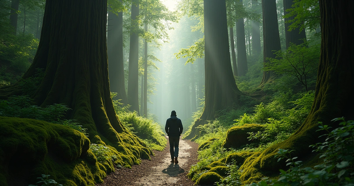 Sendero rodeado de árboles en un bosque, persona caminando en soledad 