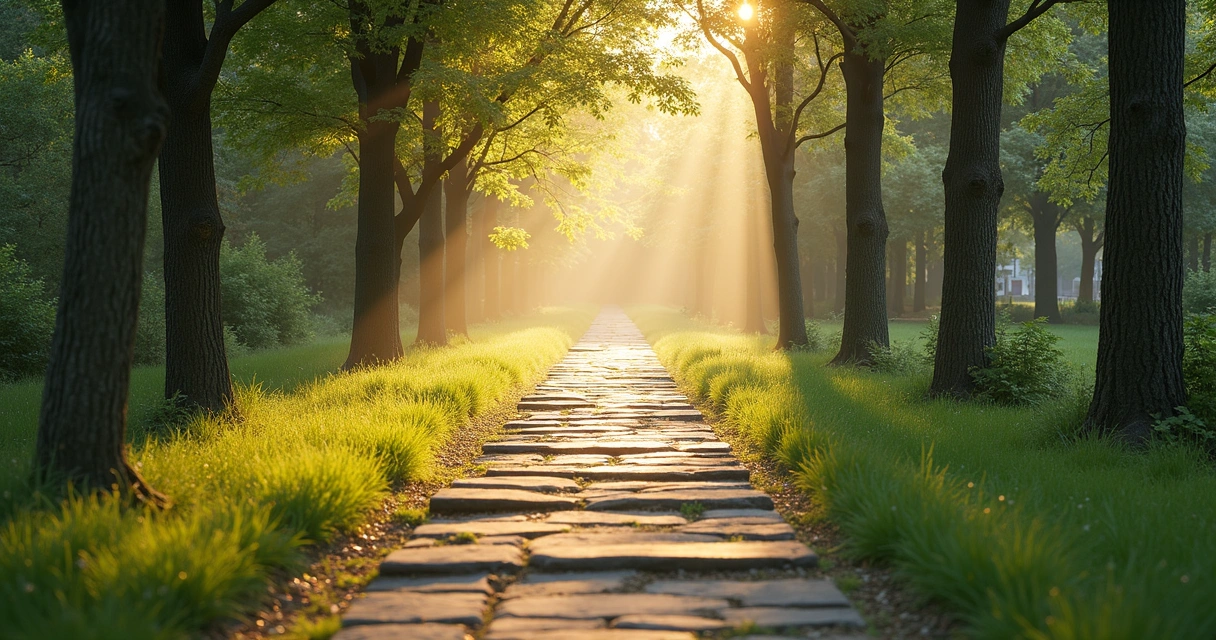 Camino de piedras con luz suave entre árboles