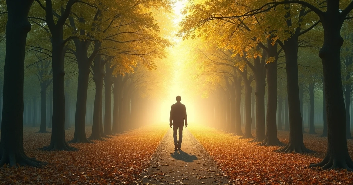 Persona caminando hacia la luz en un bosque abierto, simbolizando el propósito y la conciencia 