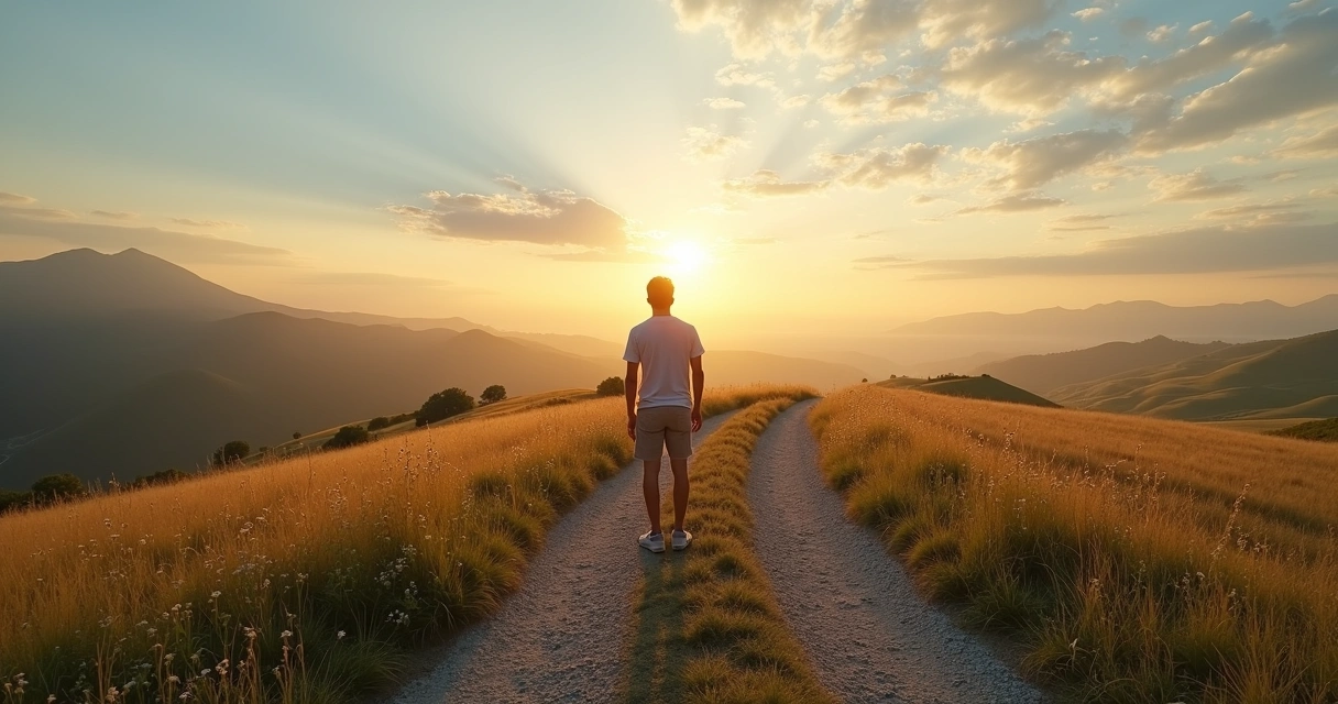 Persona en un cruce de caminos contemplando su propósito de vida al amanecer 