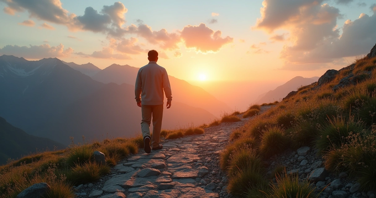 Persona sola caminando hacia la luz en un camino de montaña al amanecer 