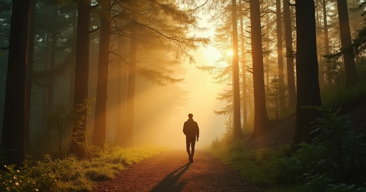 Persona caminando por un sendero de bosque al amanecer en silencio 