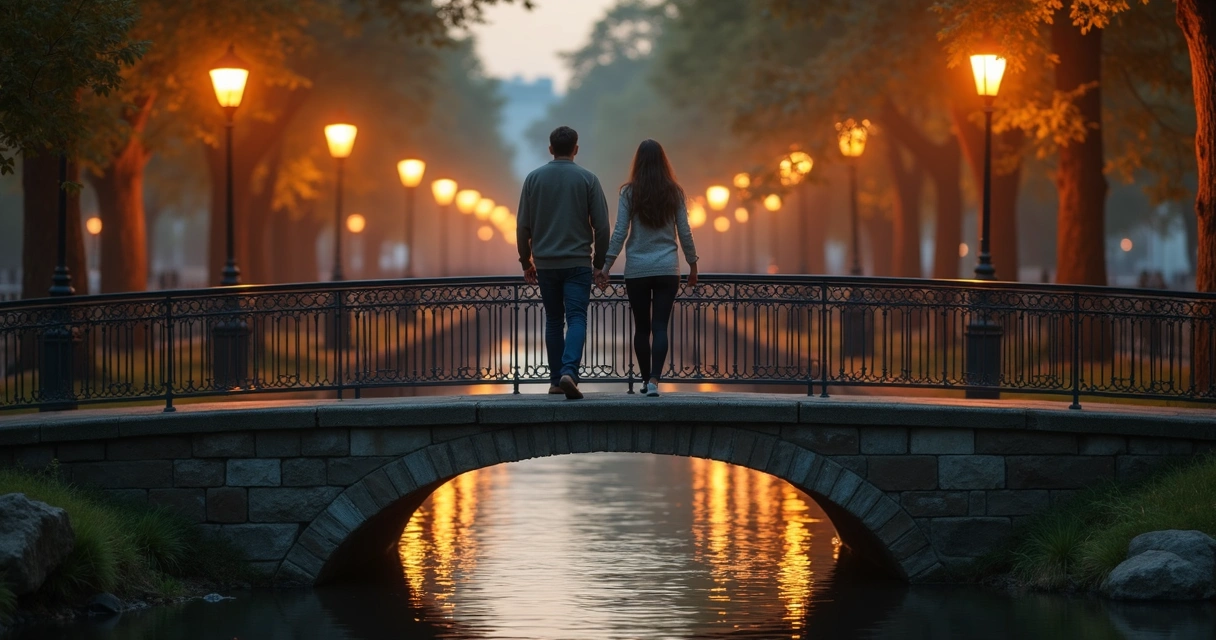 Pareja caminando por un puente iluminado sosteniendo un hilo rojo 