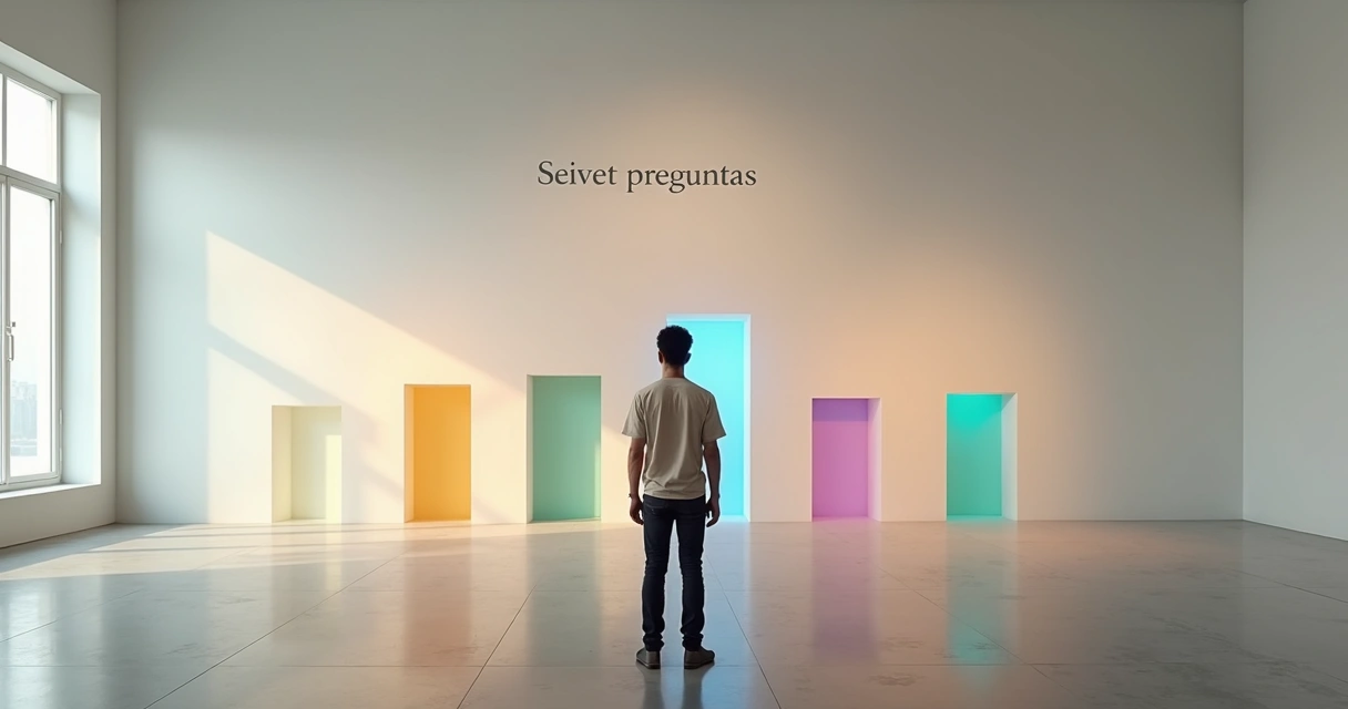 Persona frente a mural con siete puertas luminosas simbolizando opciones emocionales conscientes 
