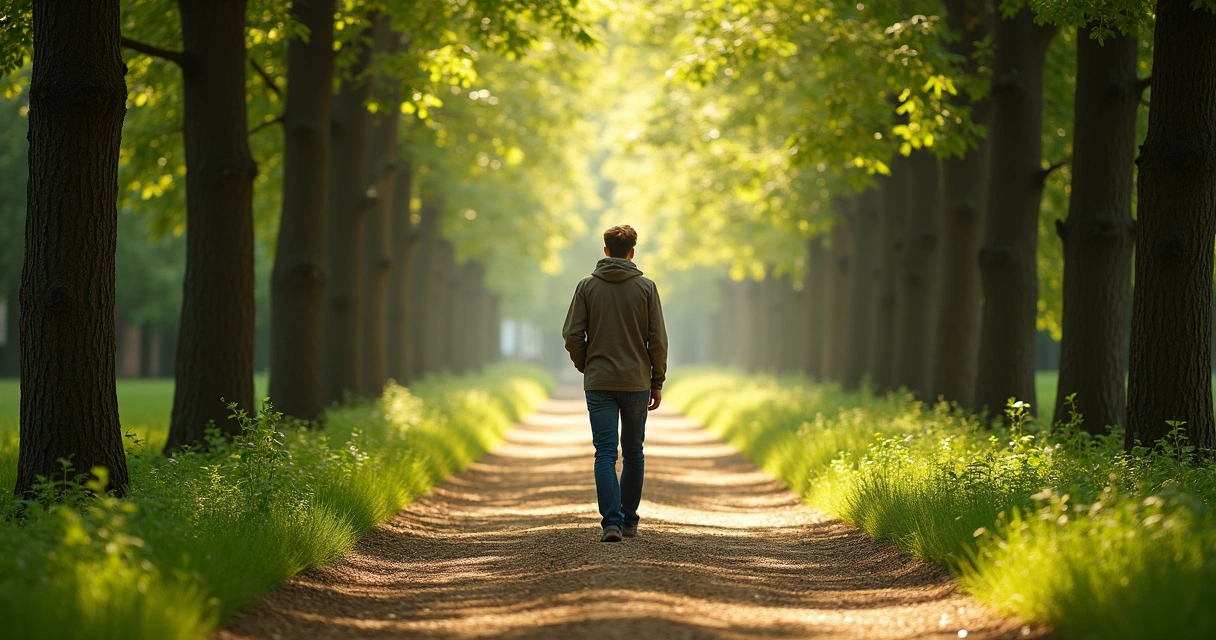 Persona caminando por una senda, rodeada de árboles, el sol al fondo iluminando el camino rectangular de tierra 