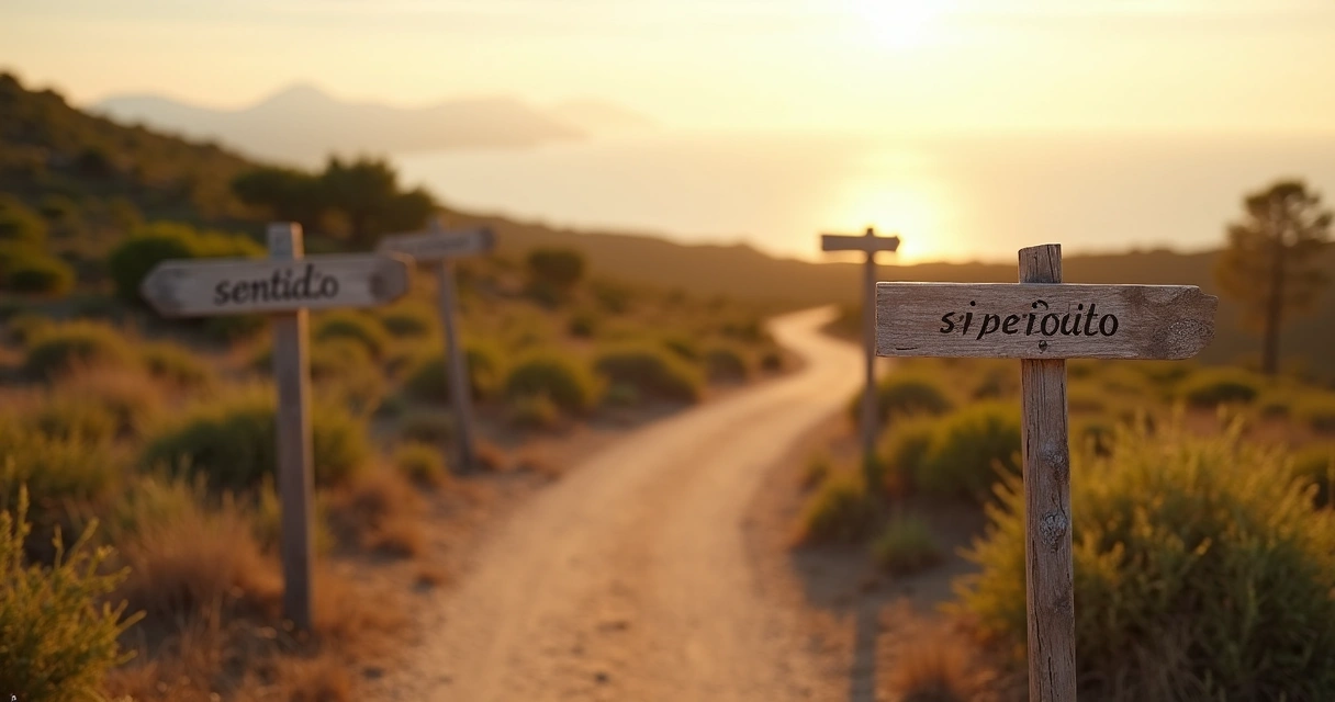 Camino curvo hacia la distancia con señales de propósito y significado