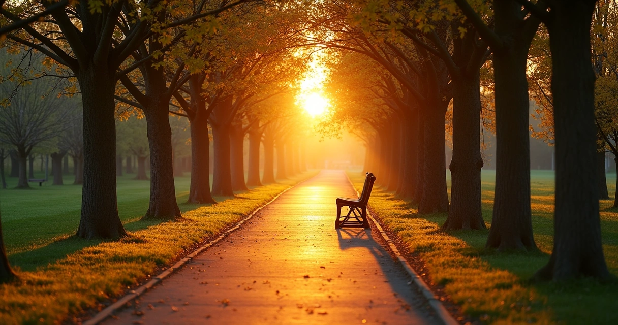 Camino tranquilo entre árboles con luz de atardecer