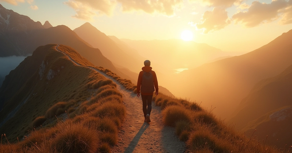 Persona caminando por un sendero de montaña al amanecer 