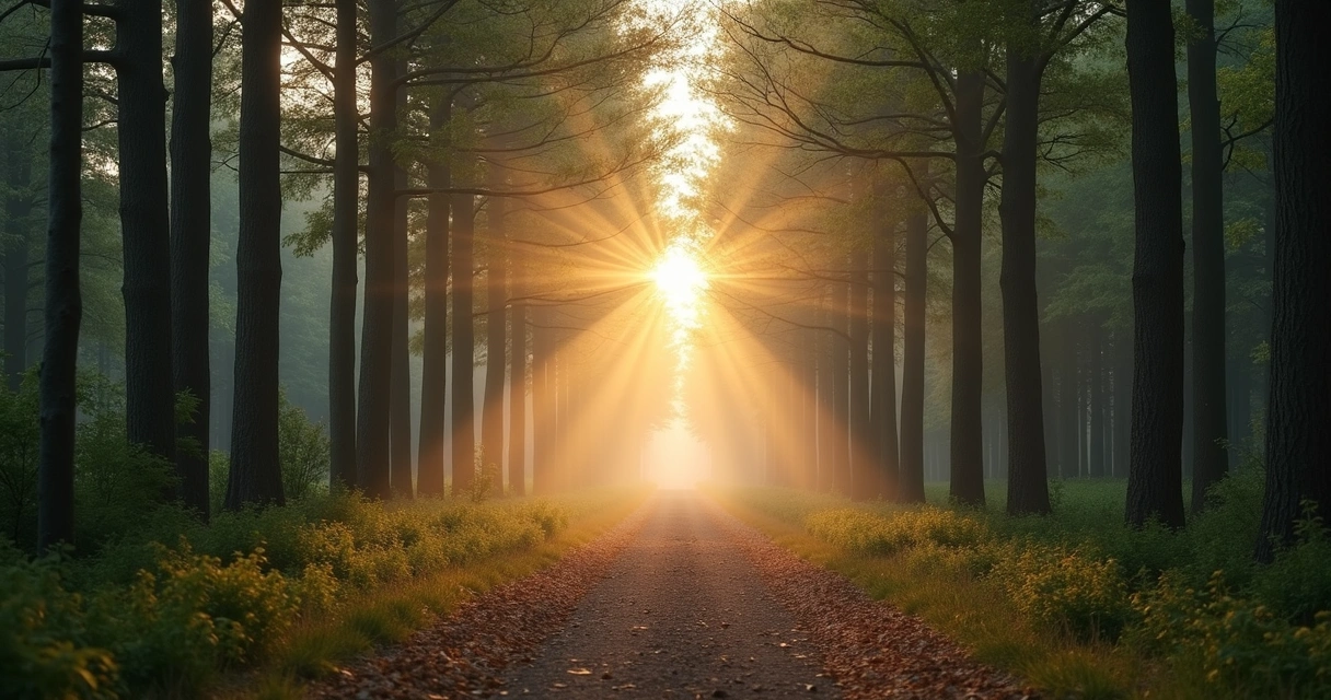 Camino solitario entre árboles con luz suave al fondo 