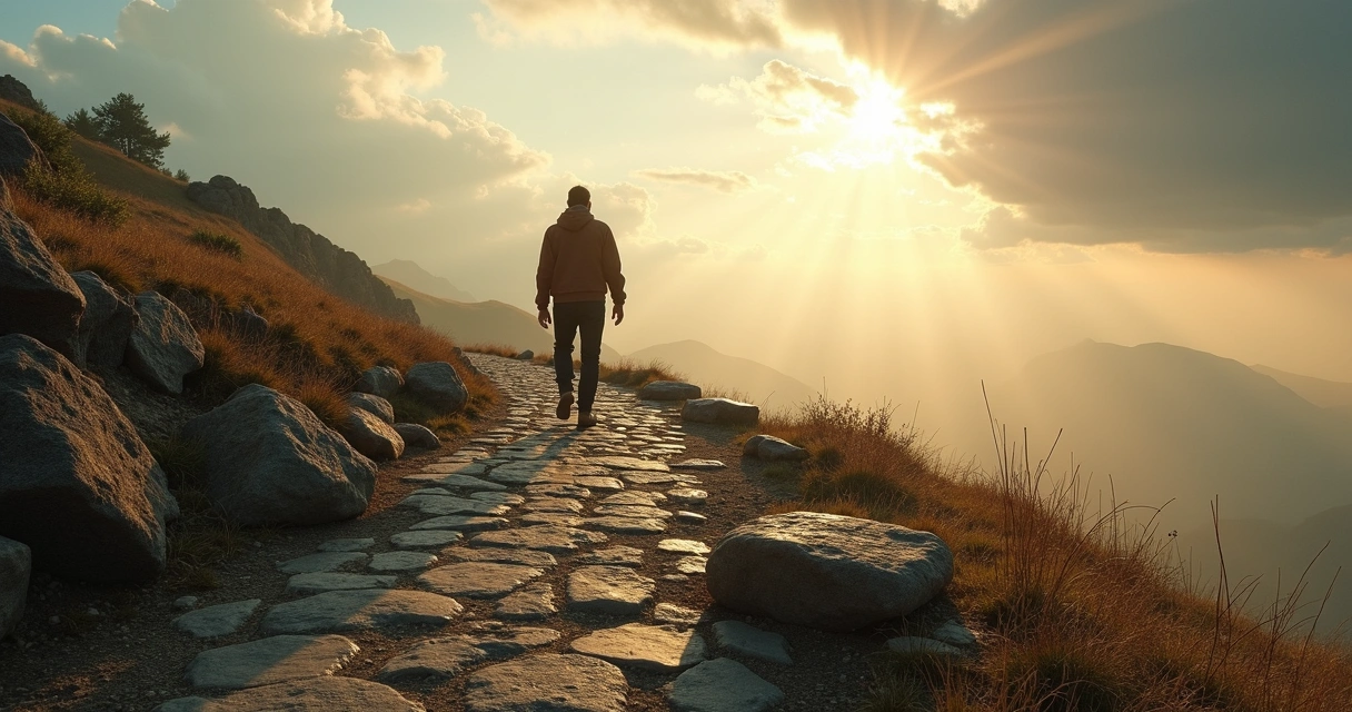 Persona avanzando en un sendero con obstáculos superados detrás 