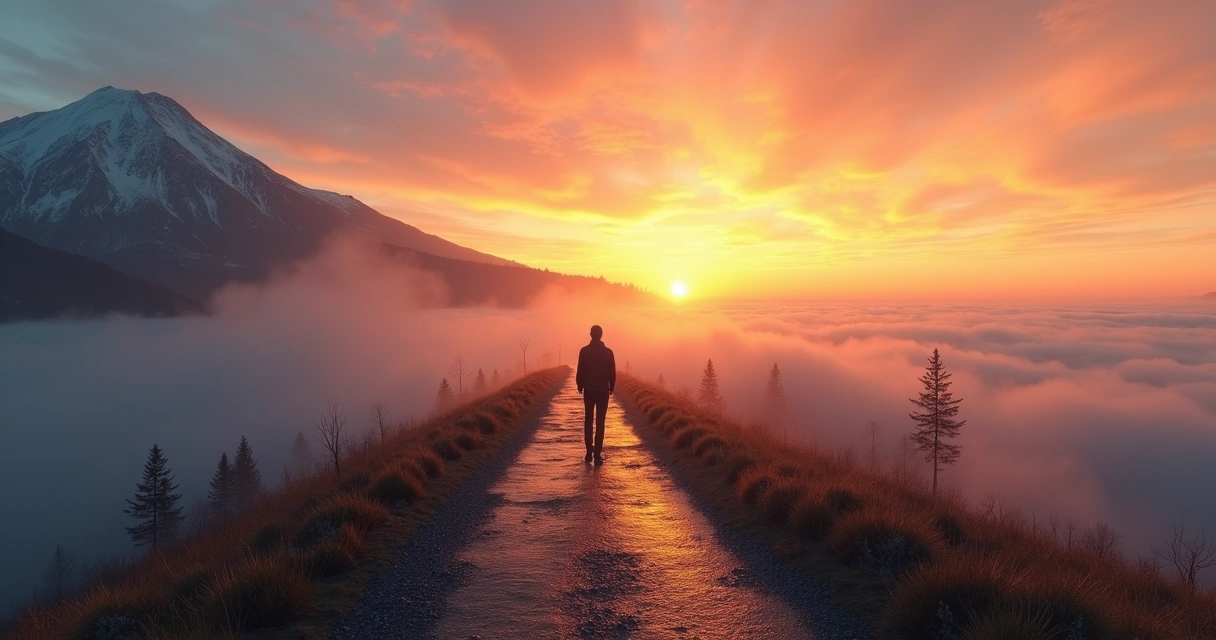 Persona caminando hacia una montaña 
