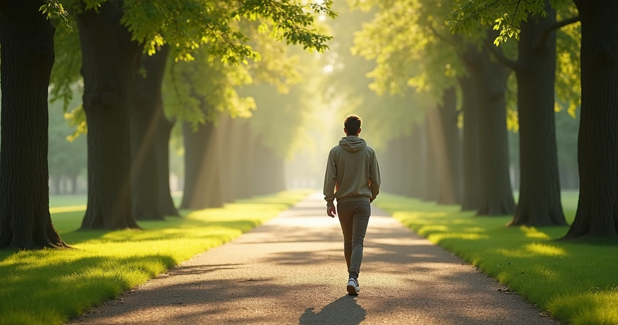 Persona caminando sola por un sendero arbolado en una pausa de calma 