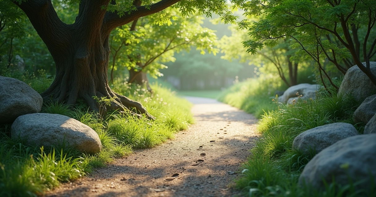 Camino de piedras y árboles verdes en un entorno natural tranquilo