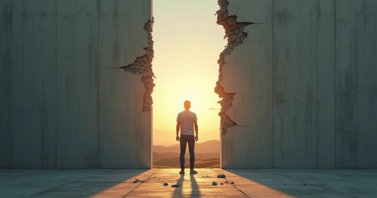 Persona frente a un muro agrietado que deja ver un camino luminoso al horizonte 