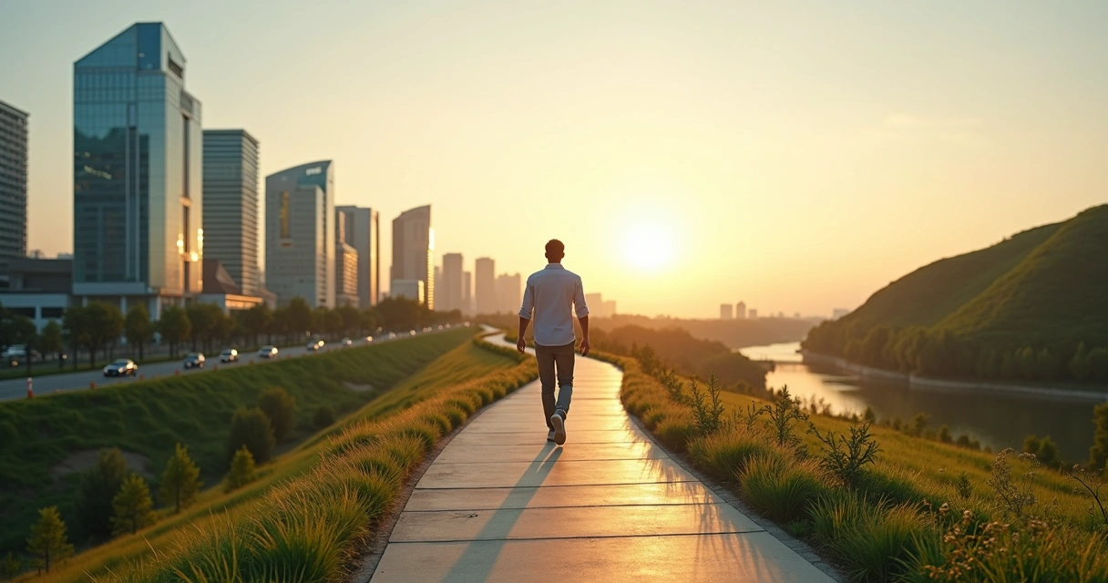 Persona caminando por un sendero que conecta ciudad y naturaleza al amanecer 
