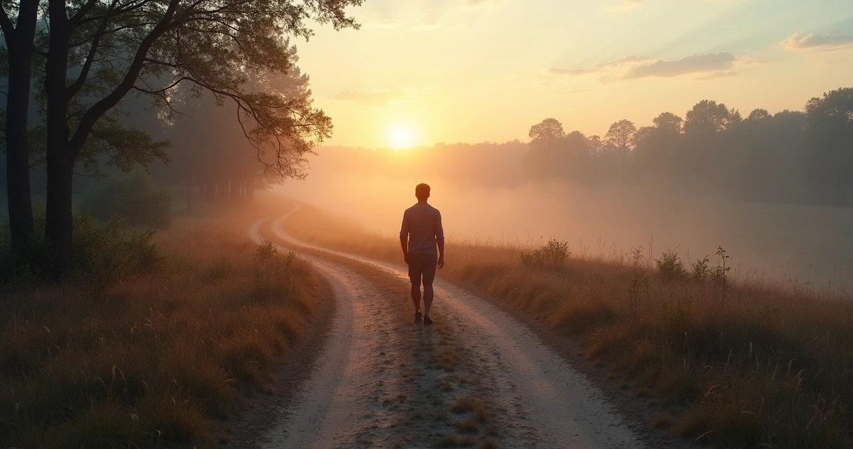 Persona de espaldas caminando por un sendero entre sombras y luz al fondo 