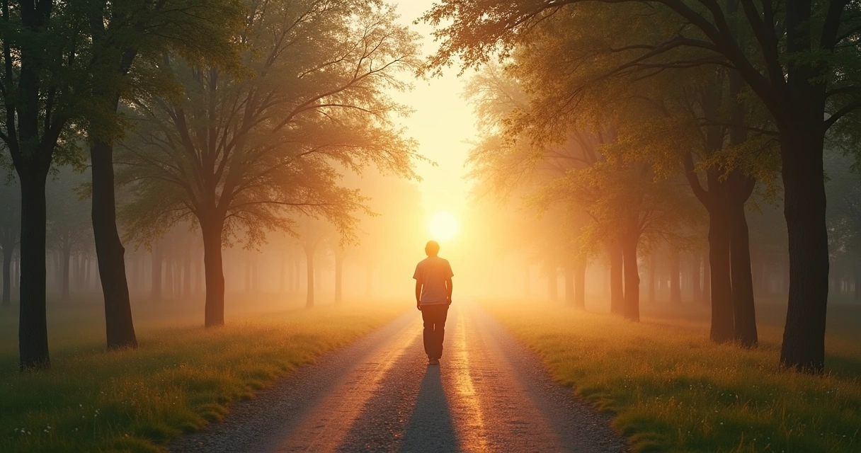 Sendero al amanecer con una persona caminando hacia la luz 