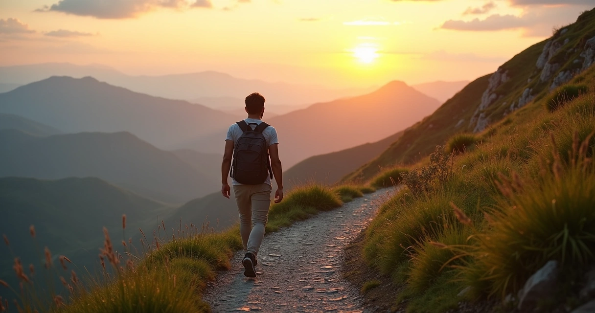 Persona caminando por un sendero de montaña hacia un horizonte luminoso 
