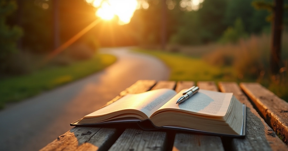 Libreta abierta junto a un camino natural al amanecer
