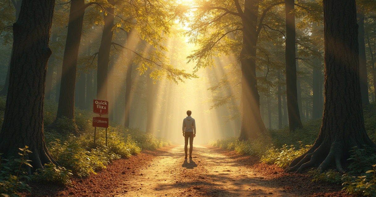 Camino dividido entre atajos rápidos y ruta lenta de autoconocimiento 