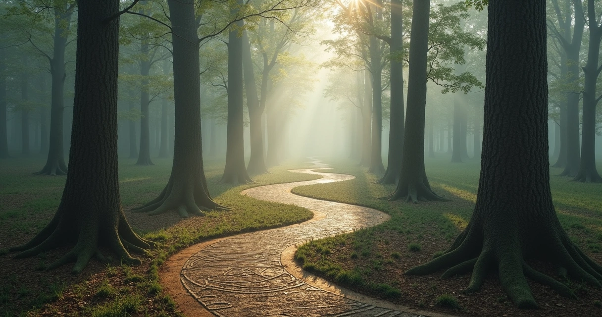 Caminos entrecruzados que simbolizan el viaje del autoconocimiento con símbolos emocionales y espirituales 