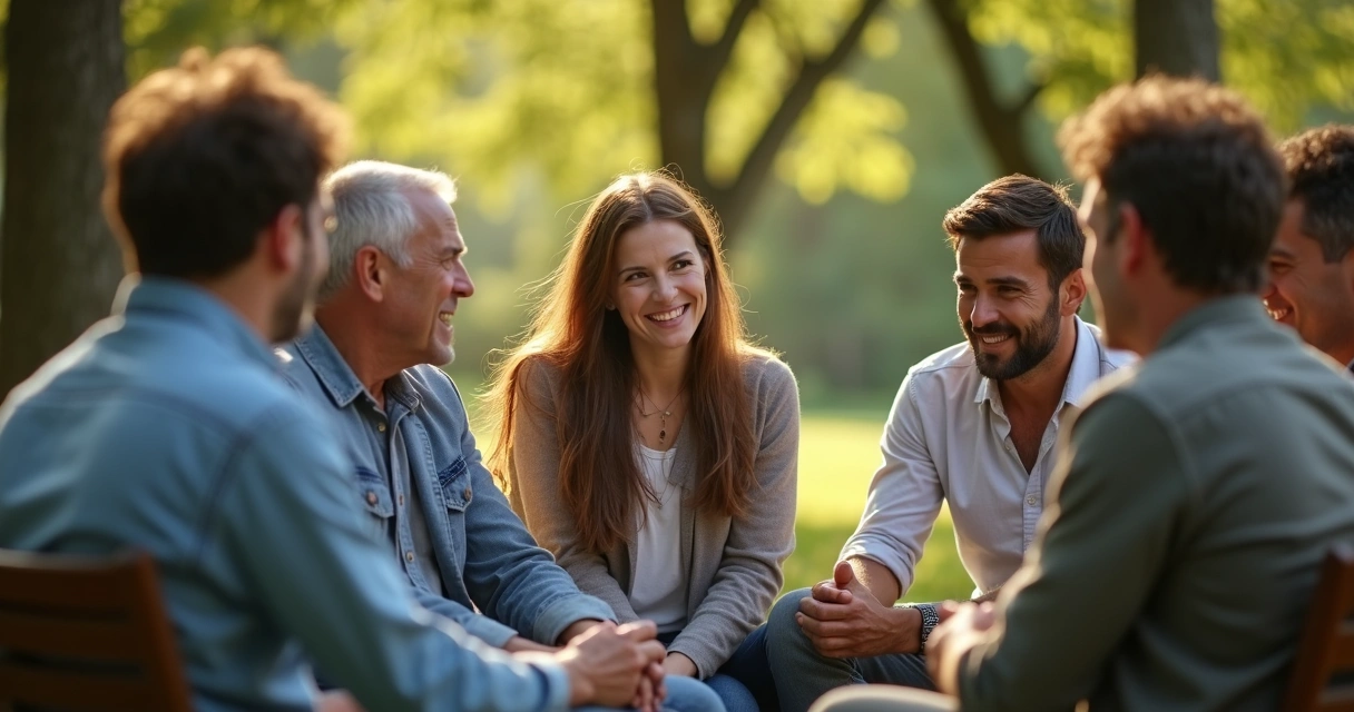 Personas en un parque sentados en círculo, conversando y mostrando empatía