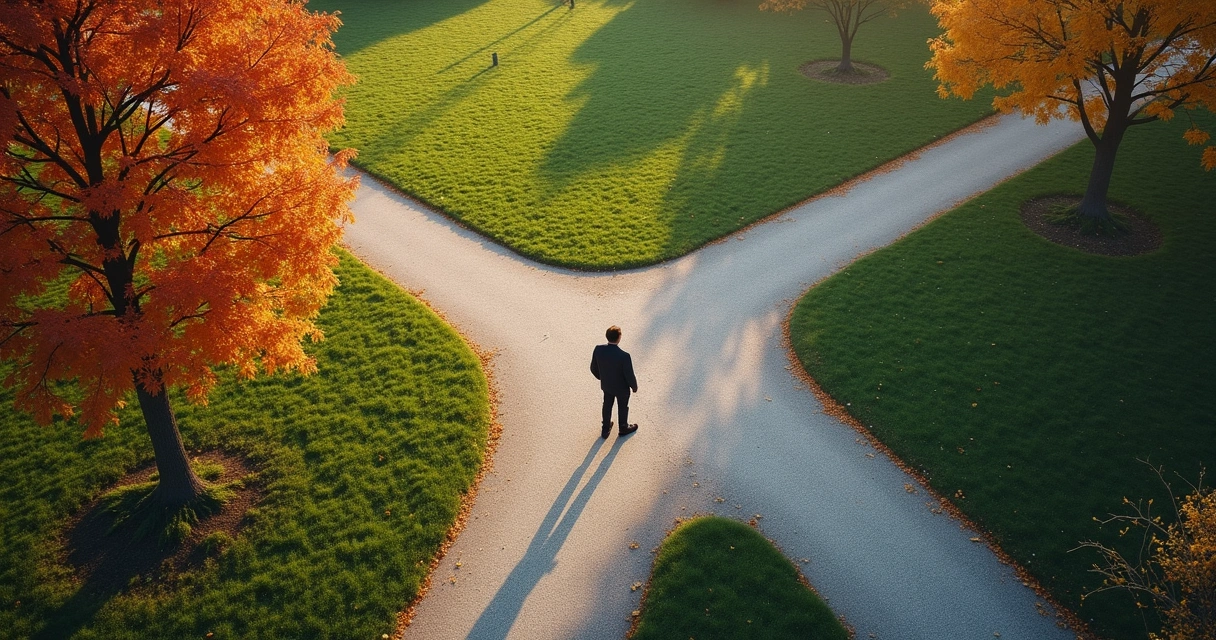 Caminos divergentes en un parque, persona de pie eligiendo dirección 