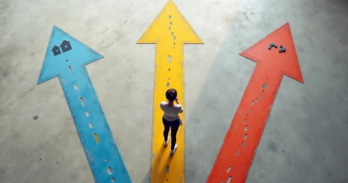 Vista superior de persona ante tres caminos que representan decisiones cotidianas 