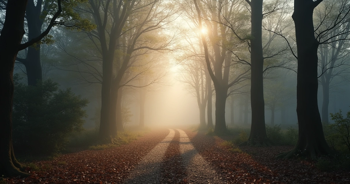 Caminos divergentes bajo niebla y árboles 