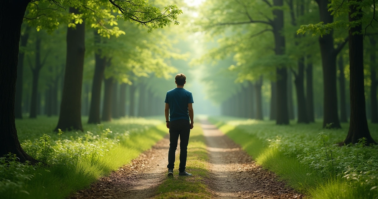 Persona de espaldas frente a dos caminos en un bosque, simbolizando elecciones cotidianas