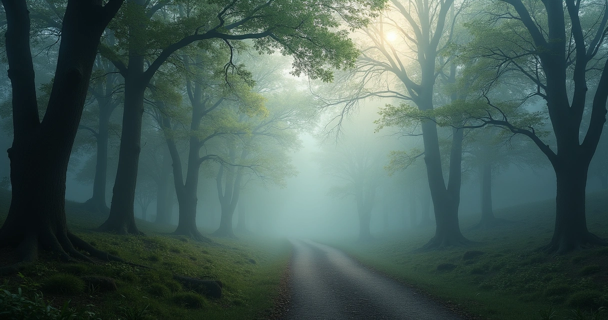 Varias sendas en un bosque con neblina, mostrando distintos caminos y opciones 