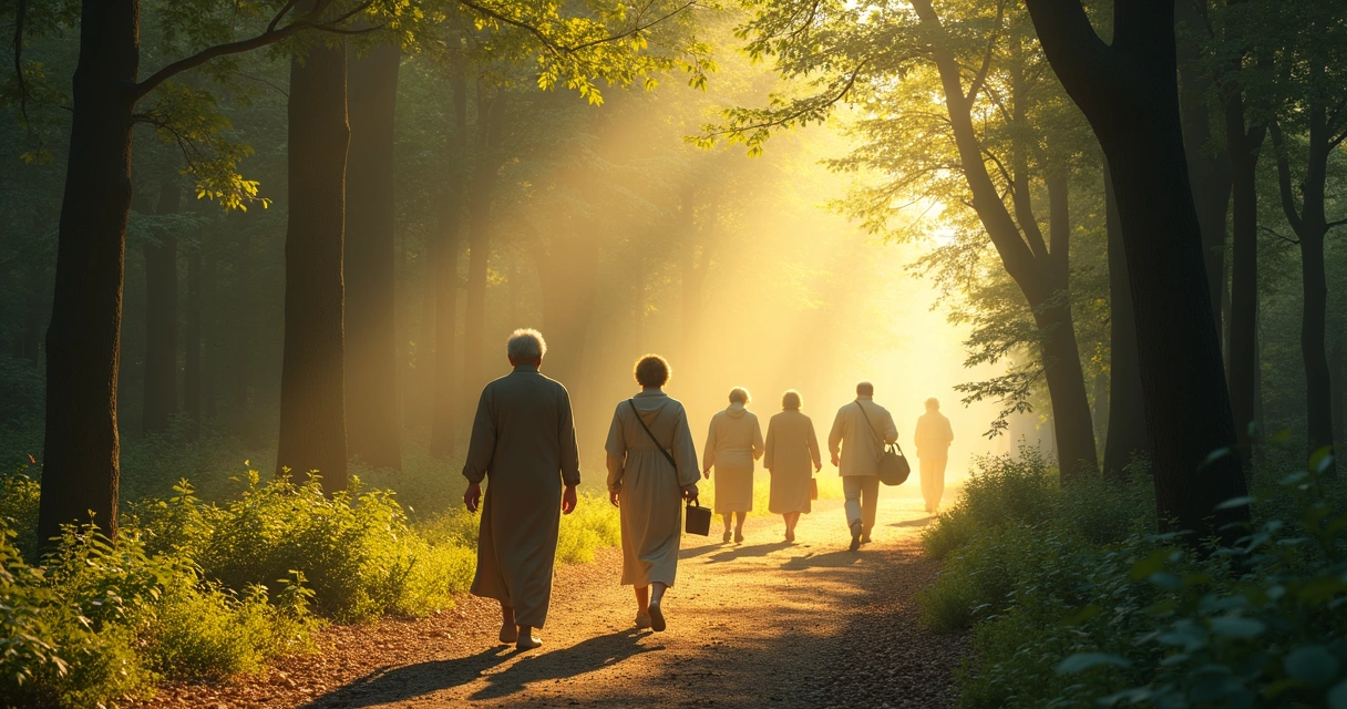Varias personas de diferentes edades caminando por senderos en un bosque iluminado, cada uno siguiendo un camino diferente 