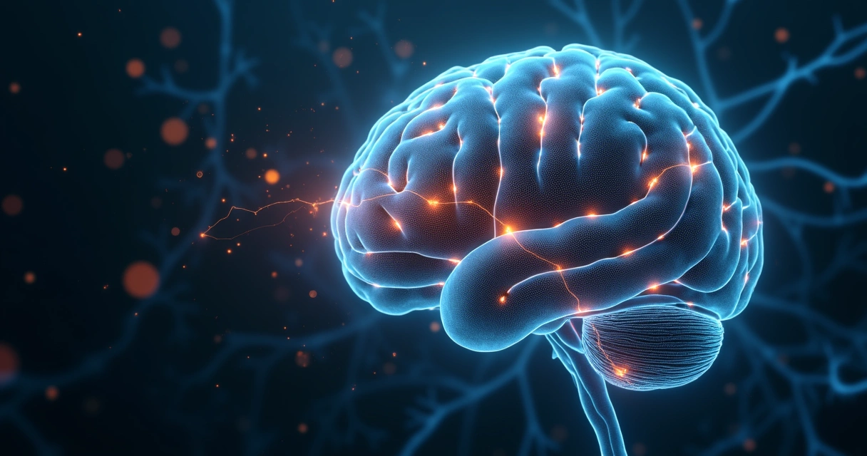 Ilustración de cerebro con rutas neuronales iluminadas