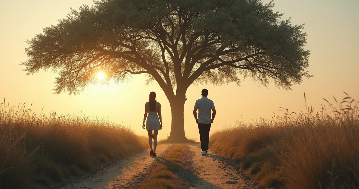 Dos personas en caminos opuestos, separadas por un árbol en medio, mostrando distancia emocional 
