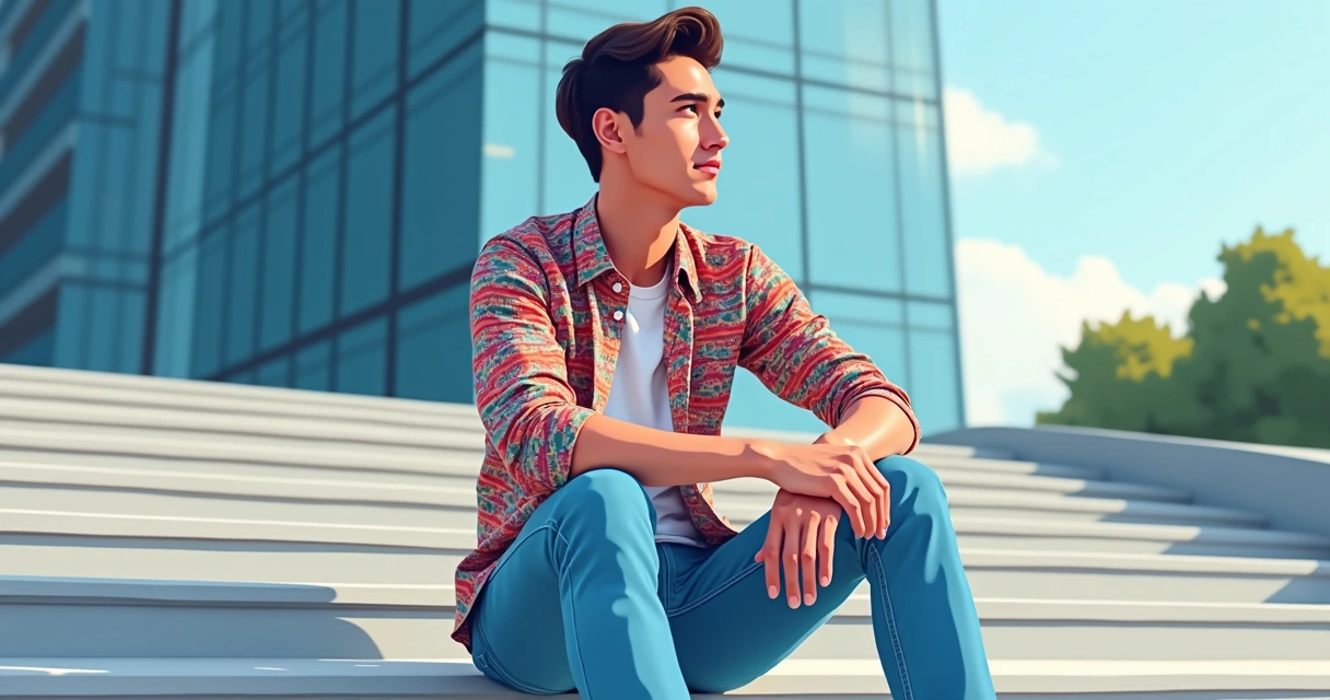 Homem com camisa alongada estampada e calça jeans clara